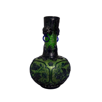 Chinese green and cobalt overlay glass vase with bird decoration