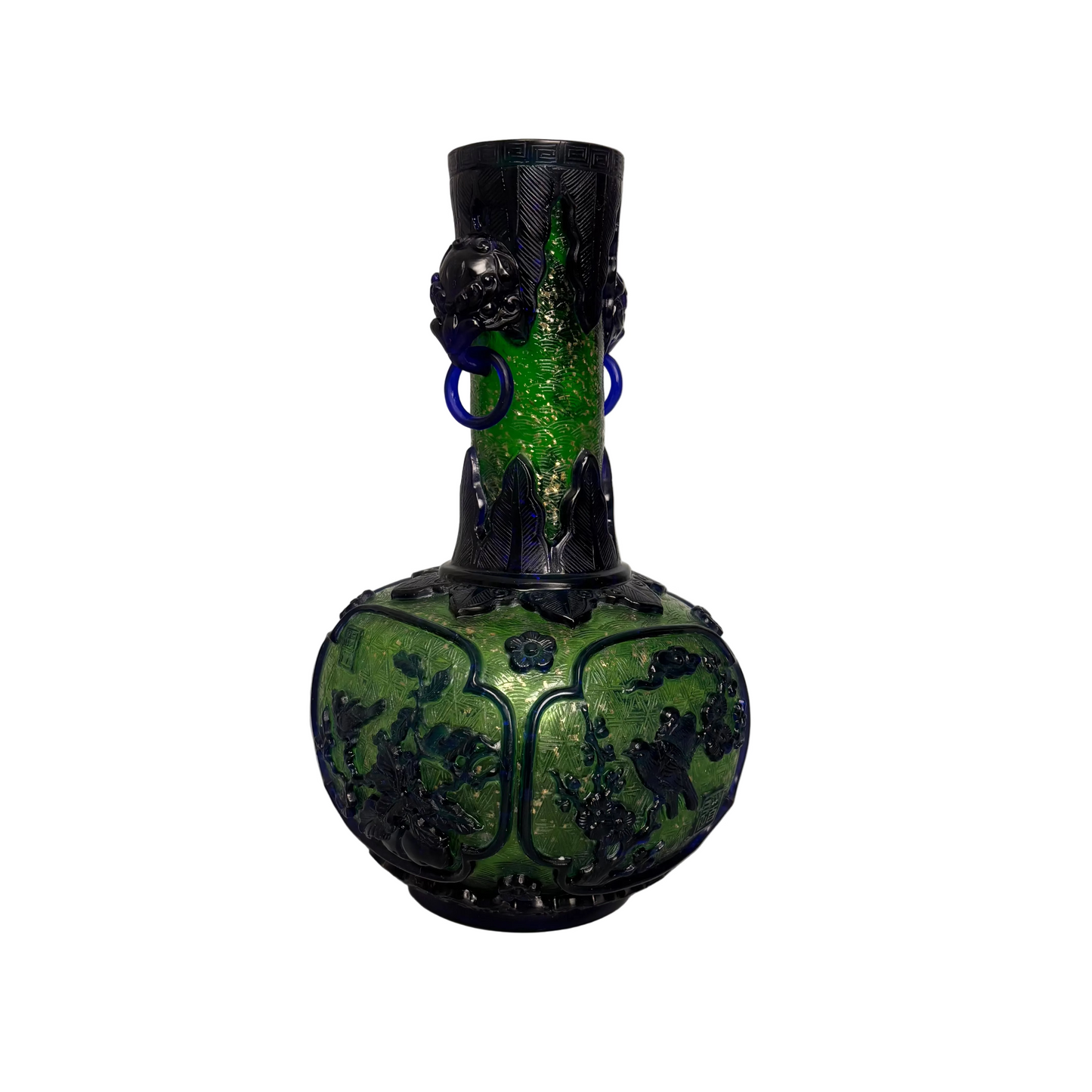 Chinese green and cobalt overlay glass vase with bird decoration