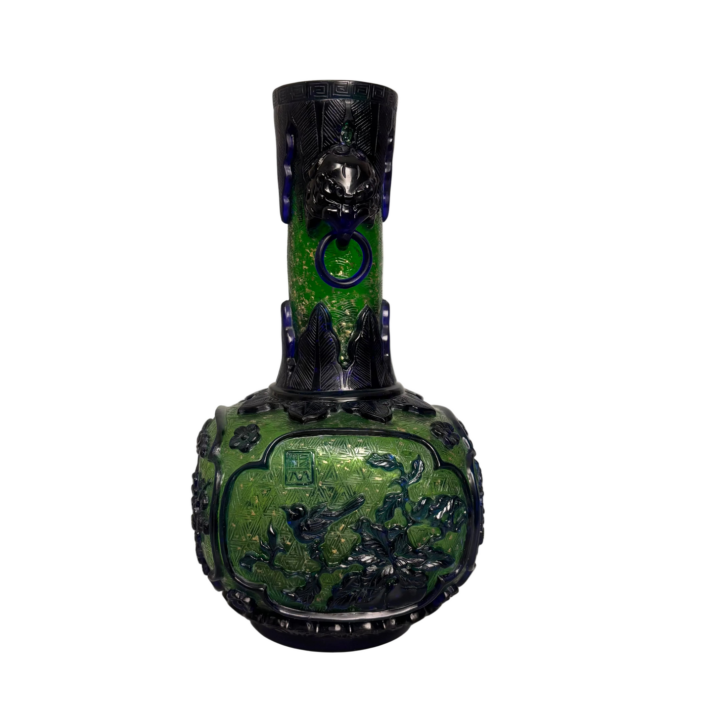 Side view showing mask ring handles on Chinese glass vase