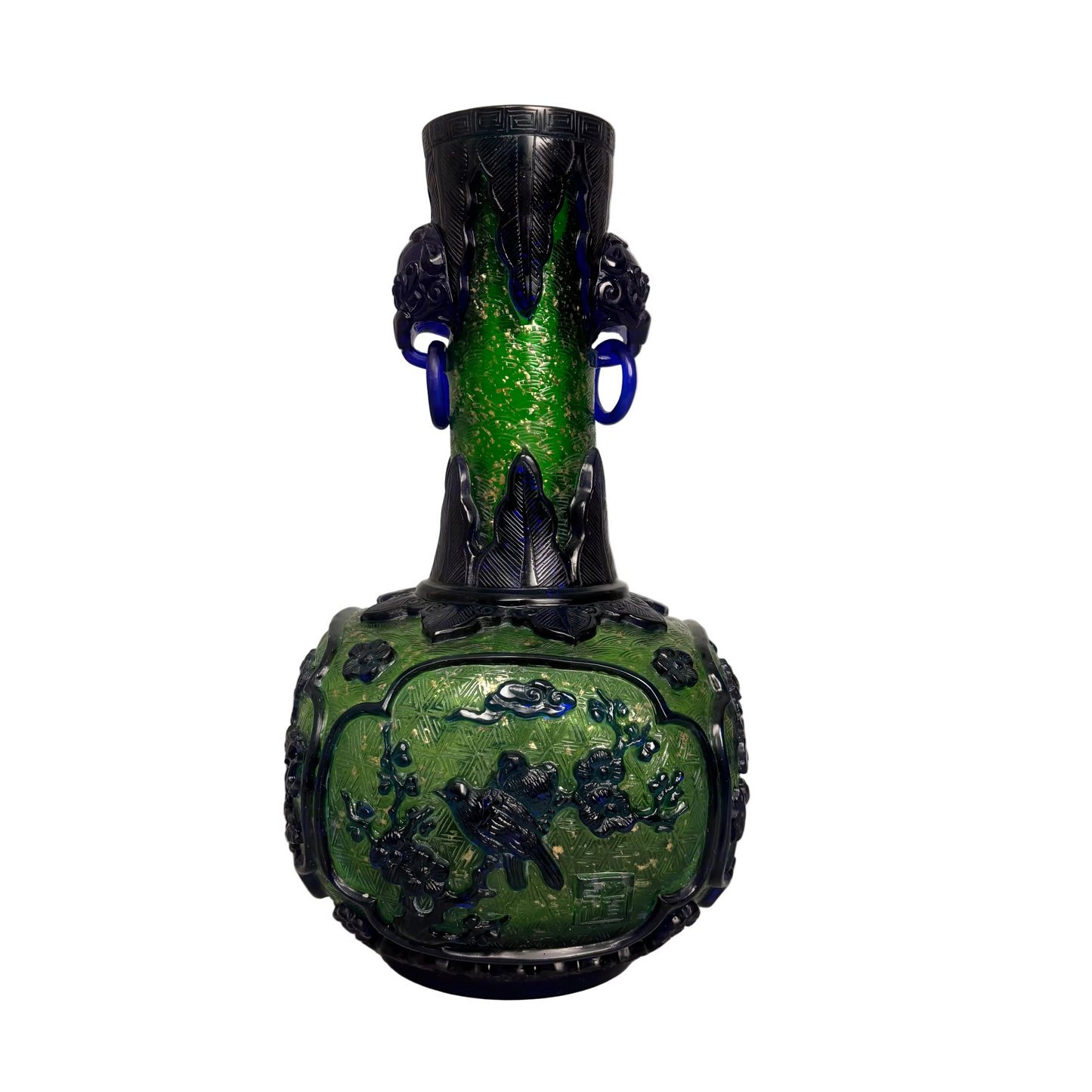 Side view showing mask ring handles on Chinese glass vase