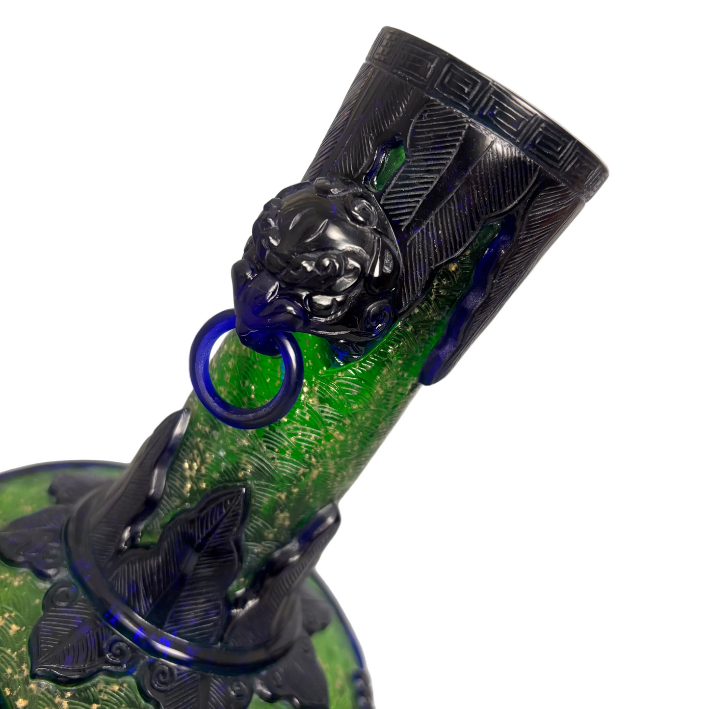 Tall neck with stylised mask handles and ring pendants