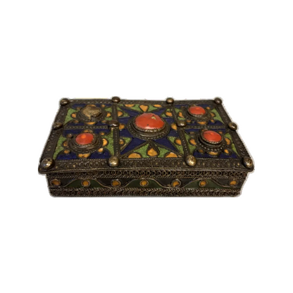 Antique Moroccan enamel and coral brass jewellery box