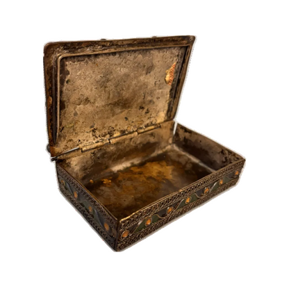 Interior of antique Moroccan brass jewellery casket