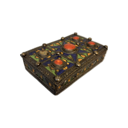 Antique Maghrebi enamel decorated brass jewellery box