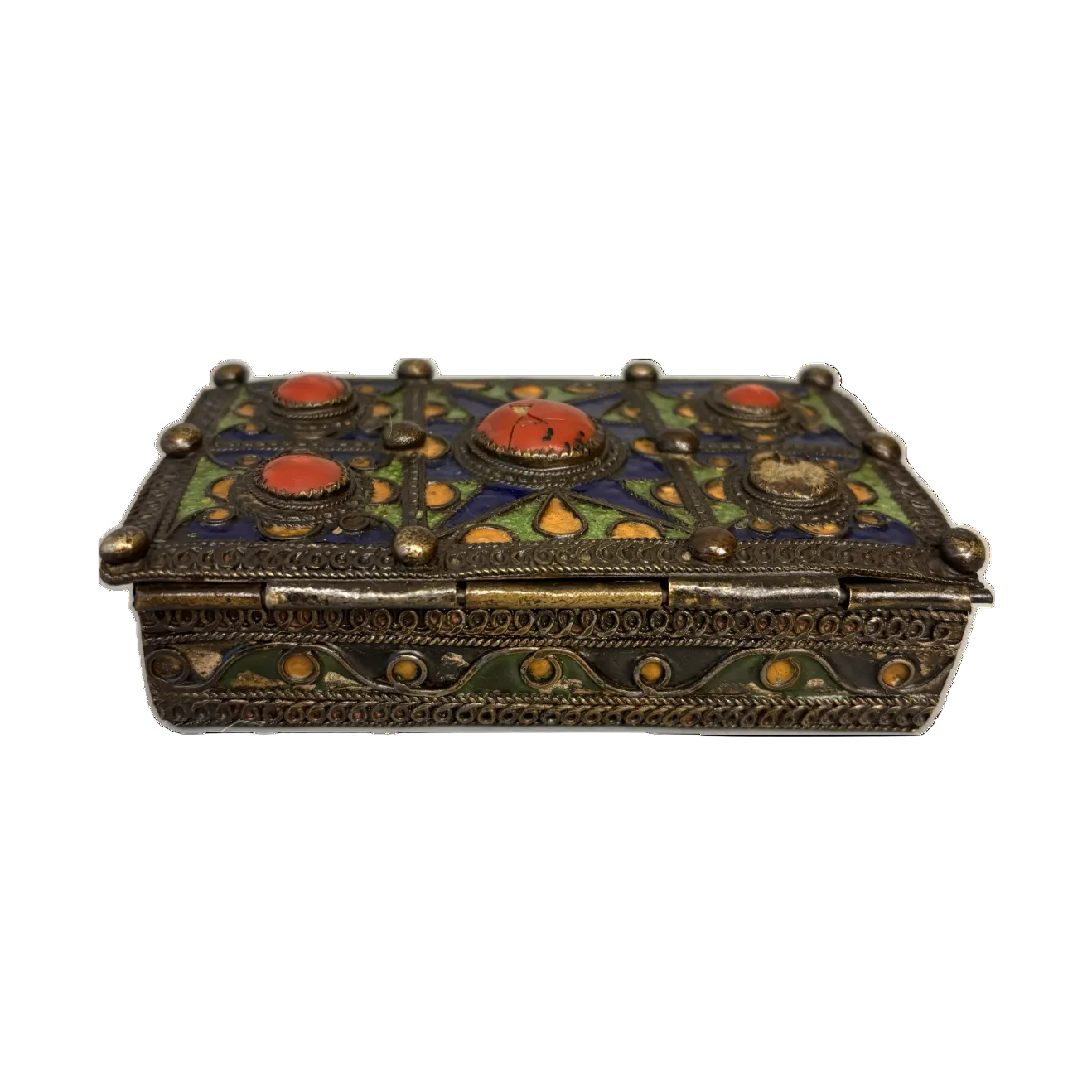 Antique Maghrebi enamel decorated brass jewellery box