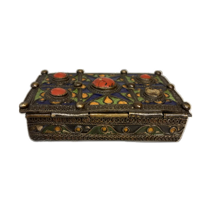 Antique Maghrebi enamel decorated brass jewellery box