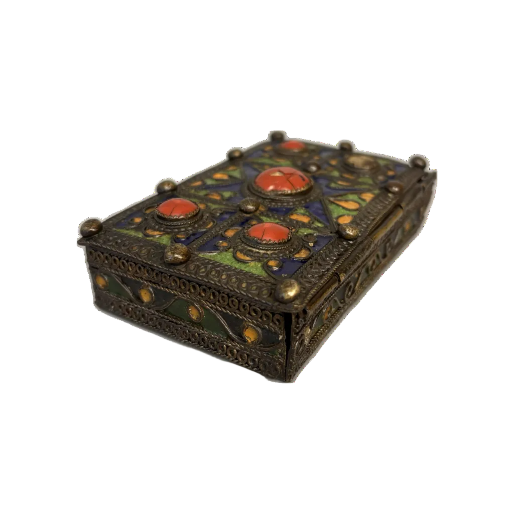 Vintage North African brass jewellery box with geometric enamel design