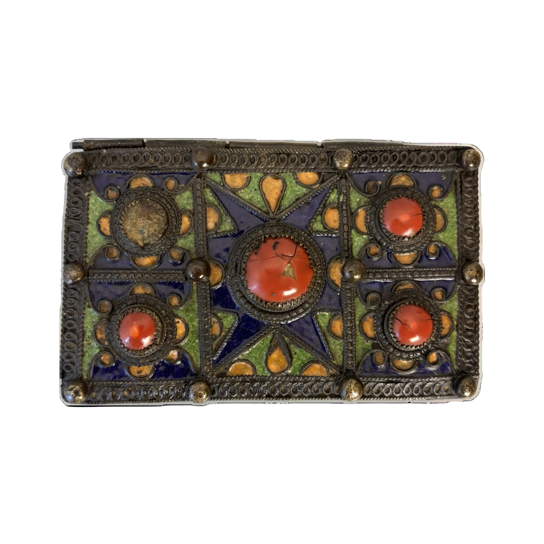 Detail of coral cabochon mount on antique Moroccan box