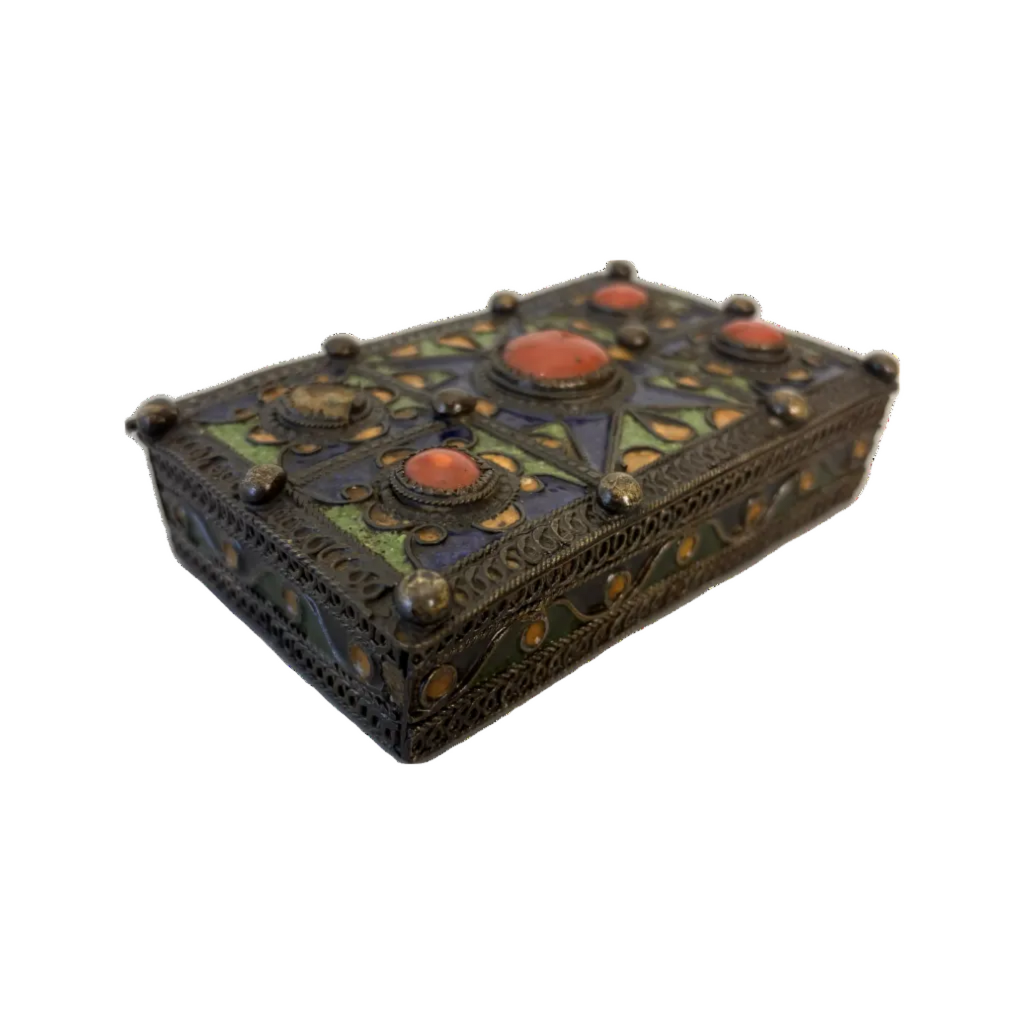 Antique Moroccan/Algerian Enamel & Coral Cabochon Brass Jewellery Box