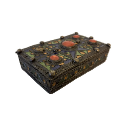 Antique Moroccan/Algerian Enamel & Coral Cabochon Brass Jewellery Box