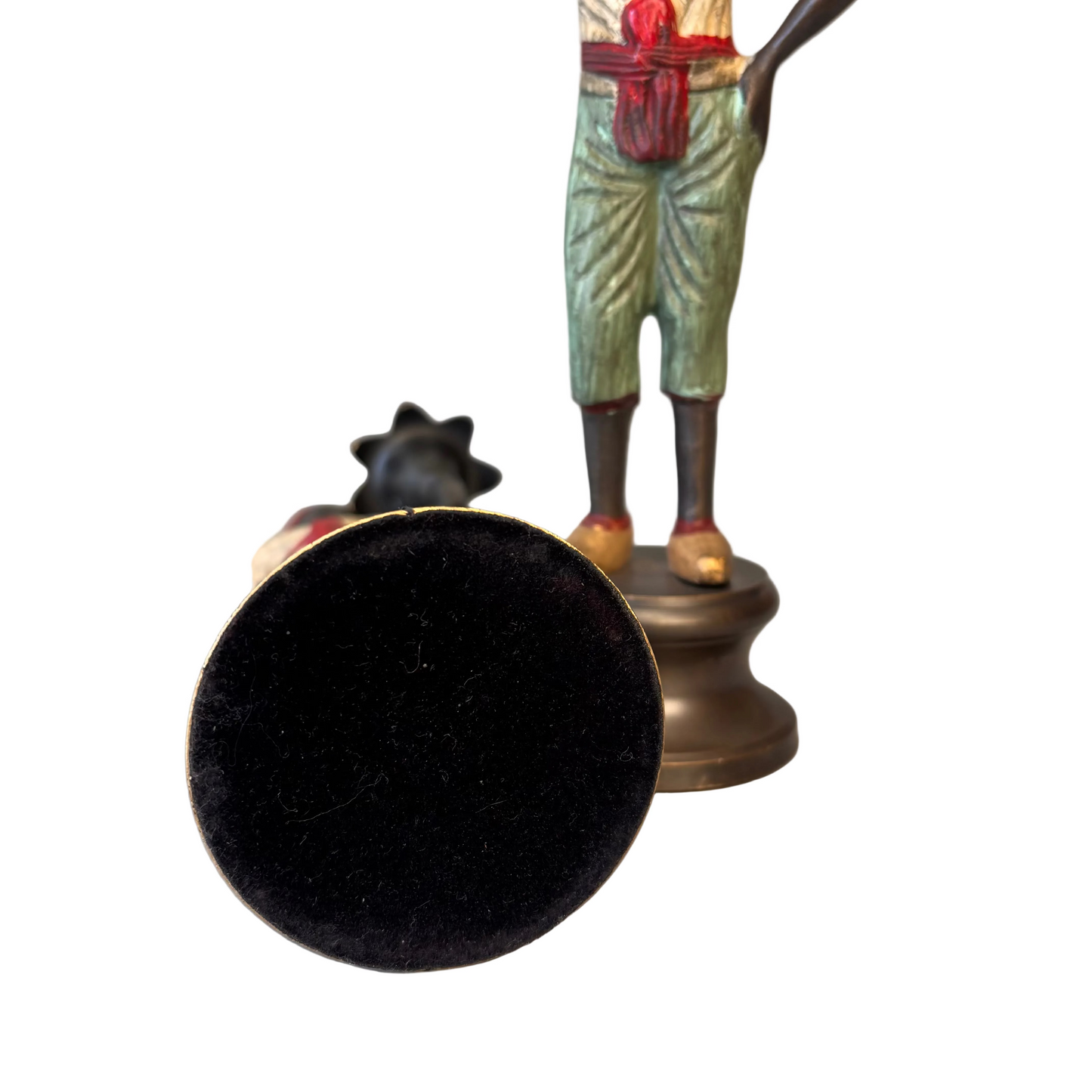 Pair of early 20th century polychrome figural candlesticks with red turbans and flower-form candle cups on circular bases