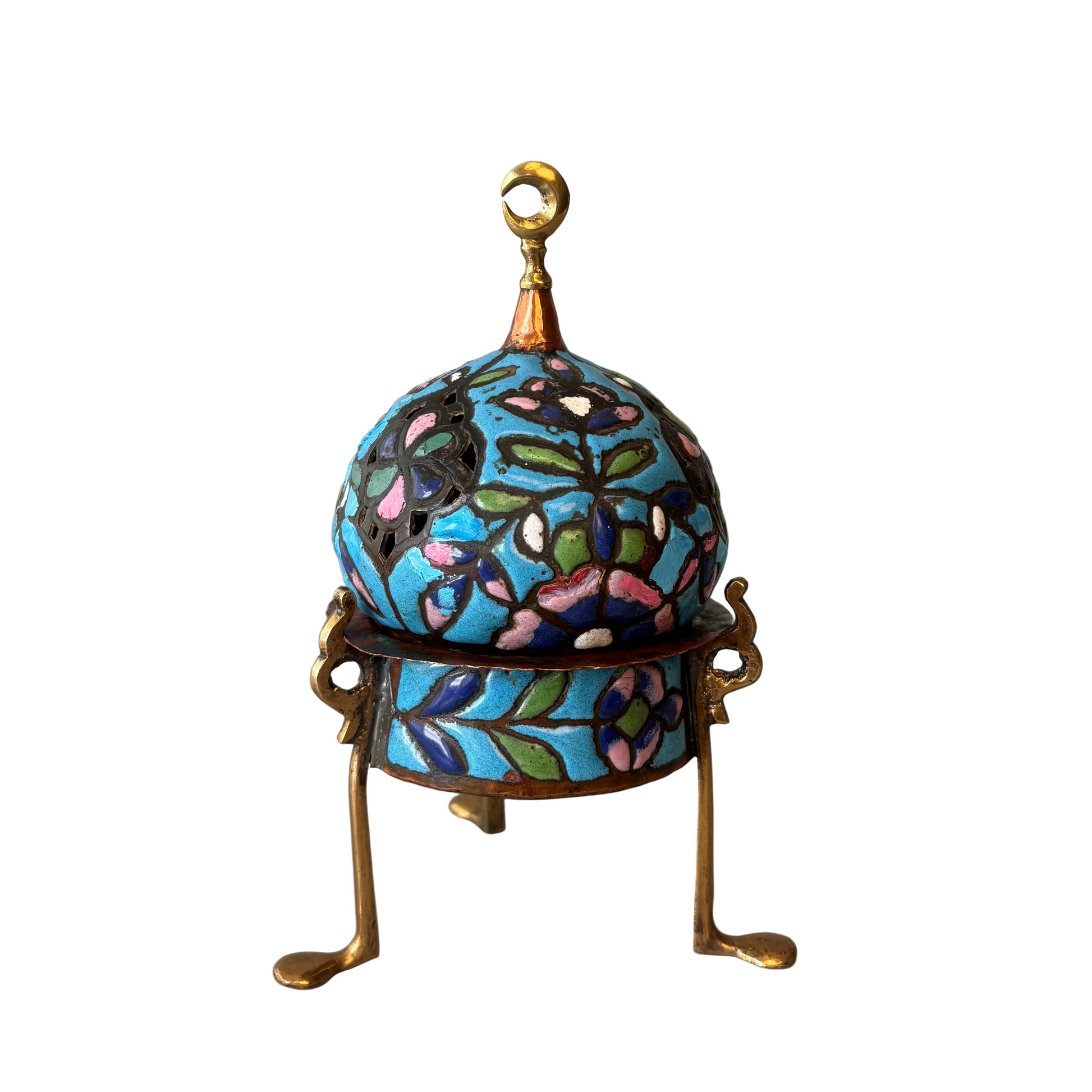Antique Syrian Damascus Heena enamelled copper censer with pierced domed cover, crescent finial and tripod stand