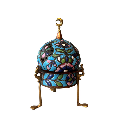 Antique Syrian Damascus Heena enamelled copper censer with pierced domed cover, crescent finial and tripod stand