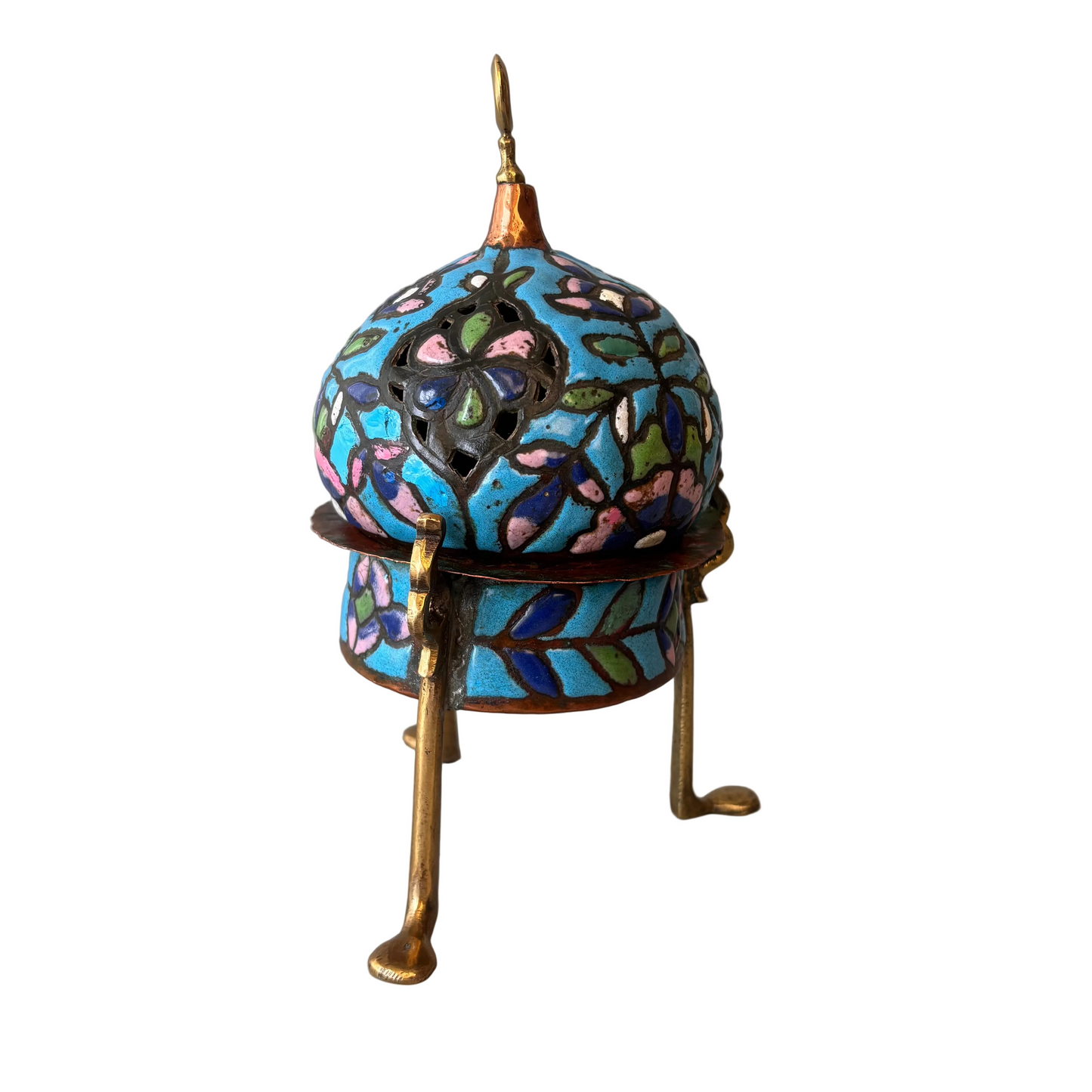 Antique Syrian Damascus Heena enamelled copper censer with pierced domed cover, crescent finial and tripod stand