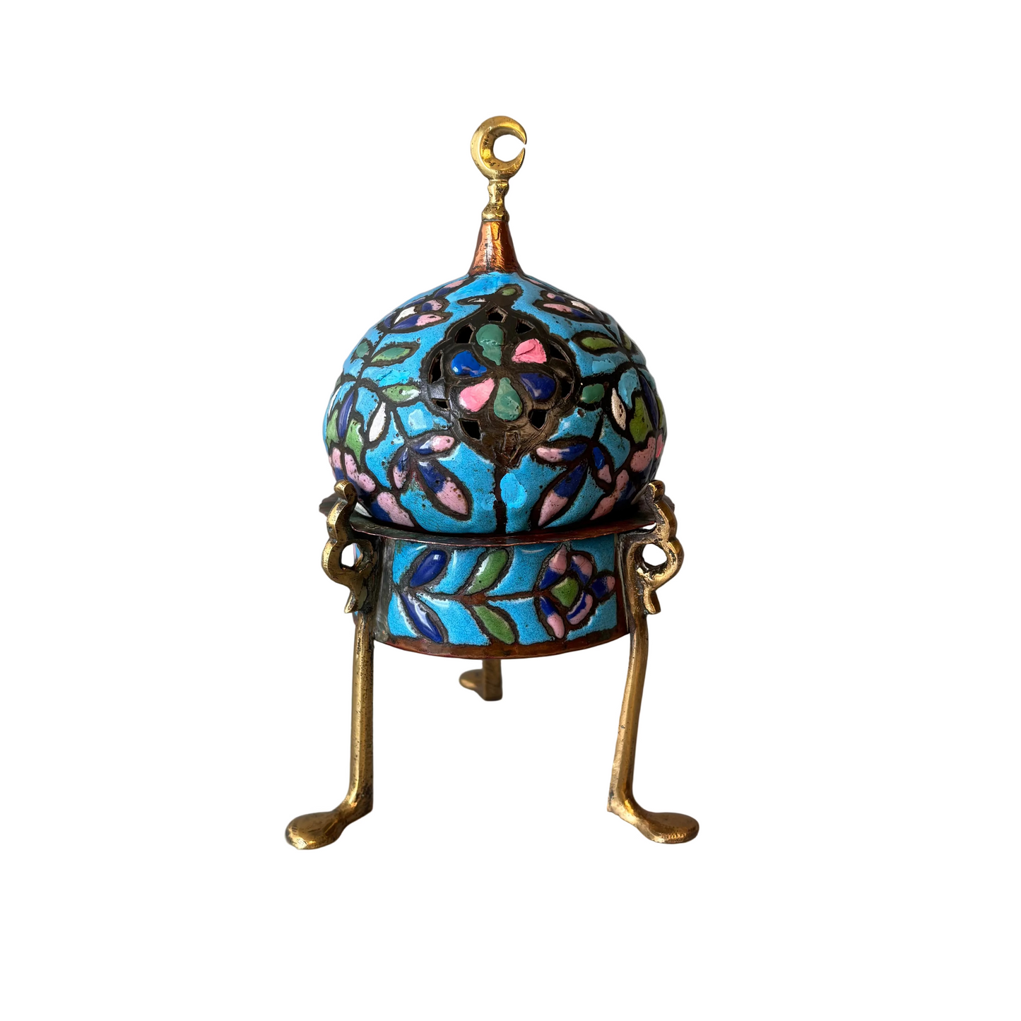Antique Syrian Damascus Heena enamelled copper censer with pierced domed cover, crescent finial and tripod stand