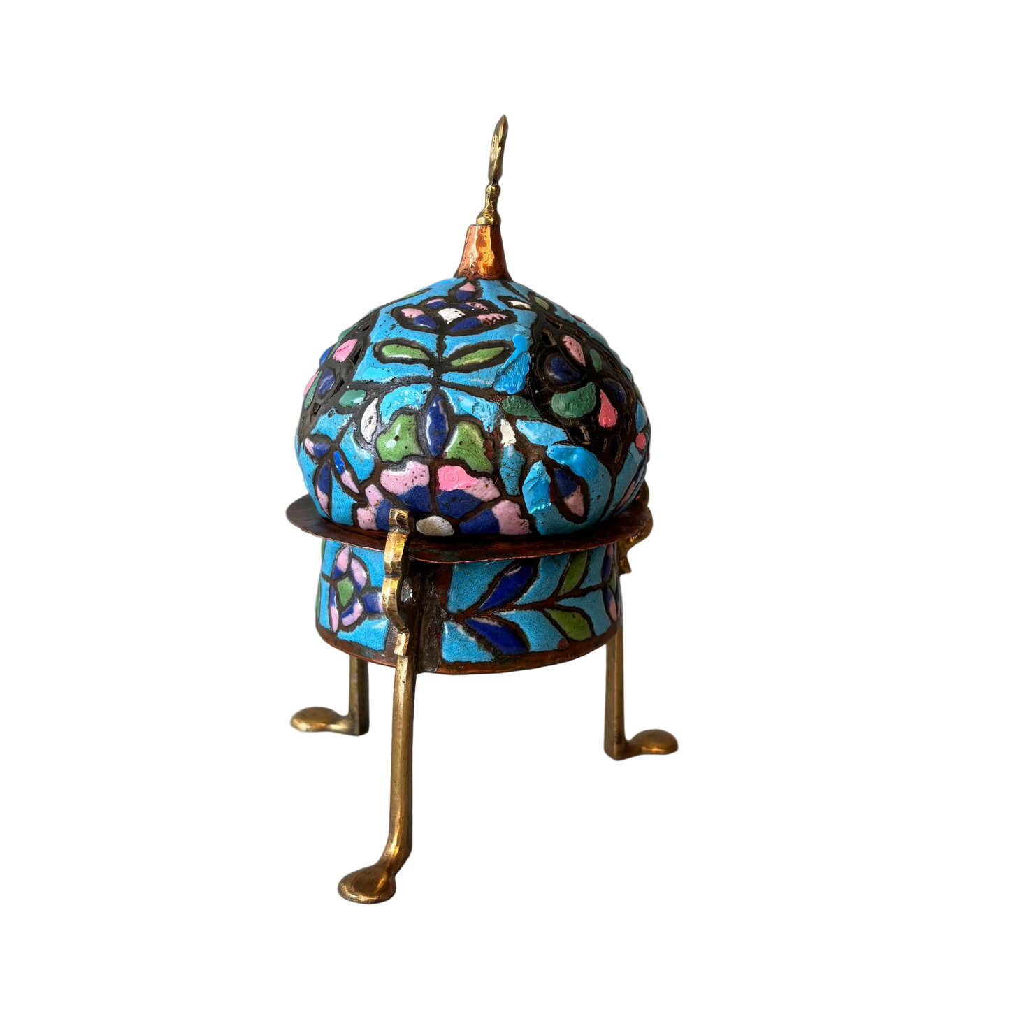 Antique Syrian Damascus Heena enamelled copper censer with pierced domed cover, crescent finial and tripod stand