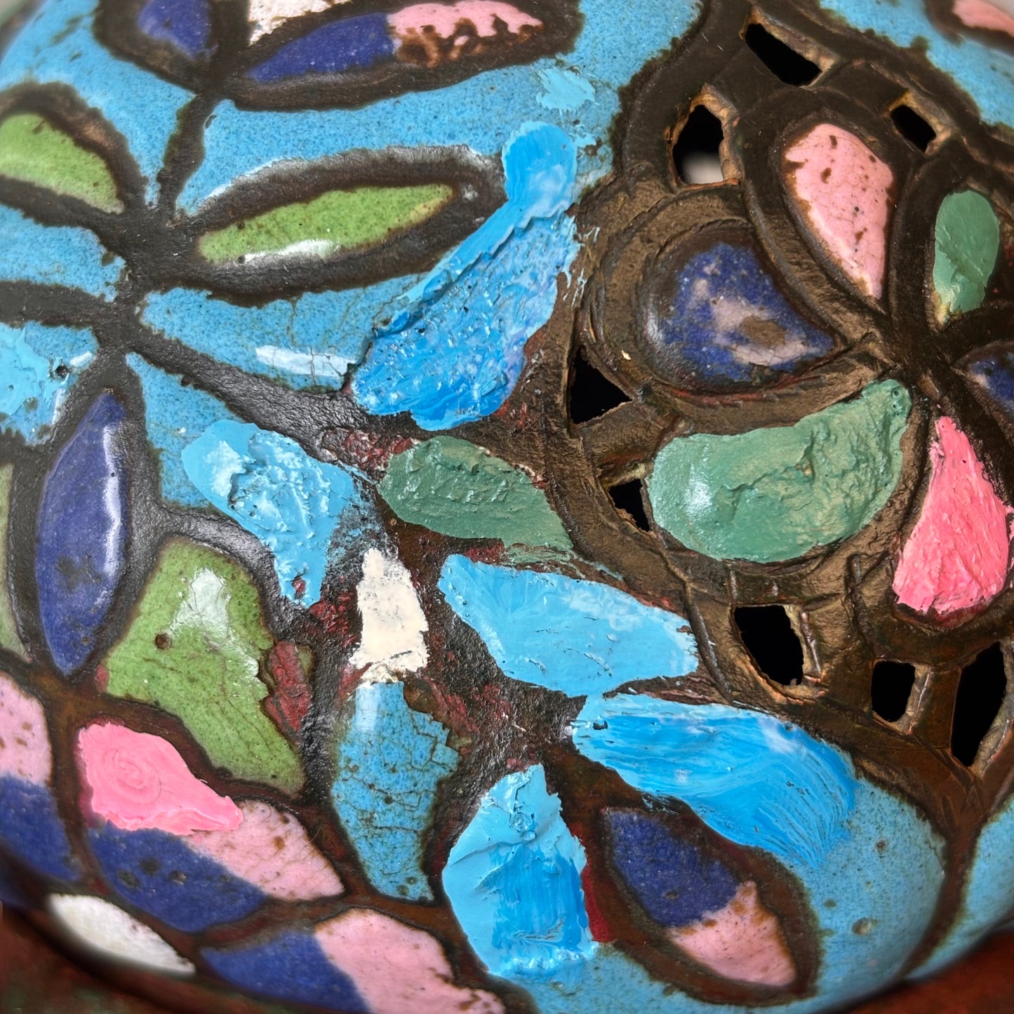 Antique Syrian Damascus Heena enamelled copper censer with pierced domed cover, crescent finial and tripod stand