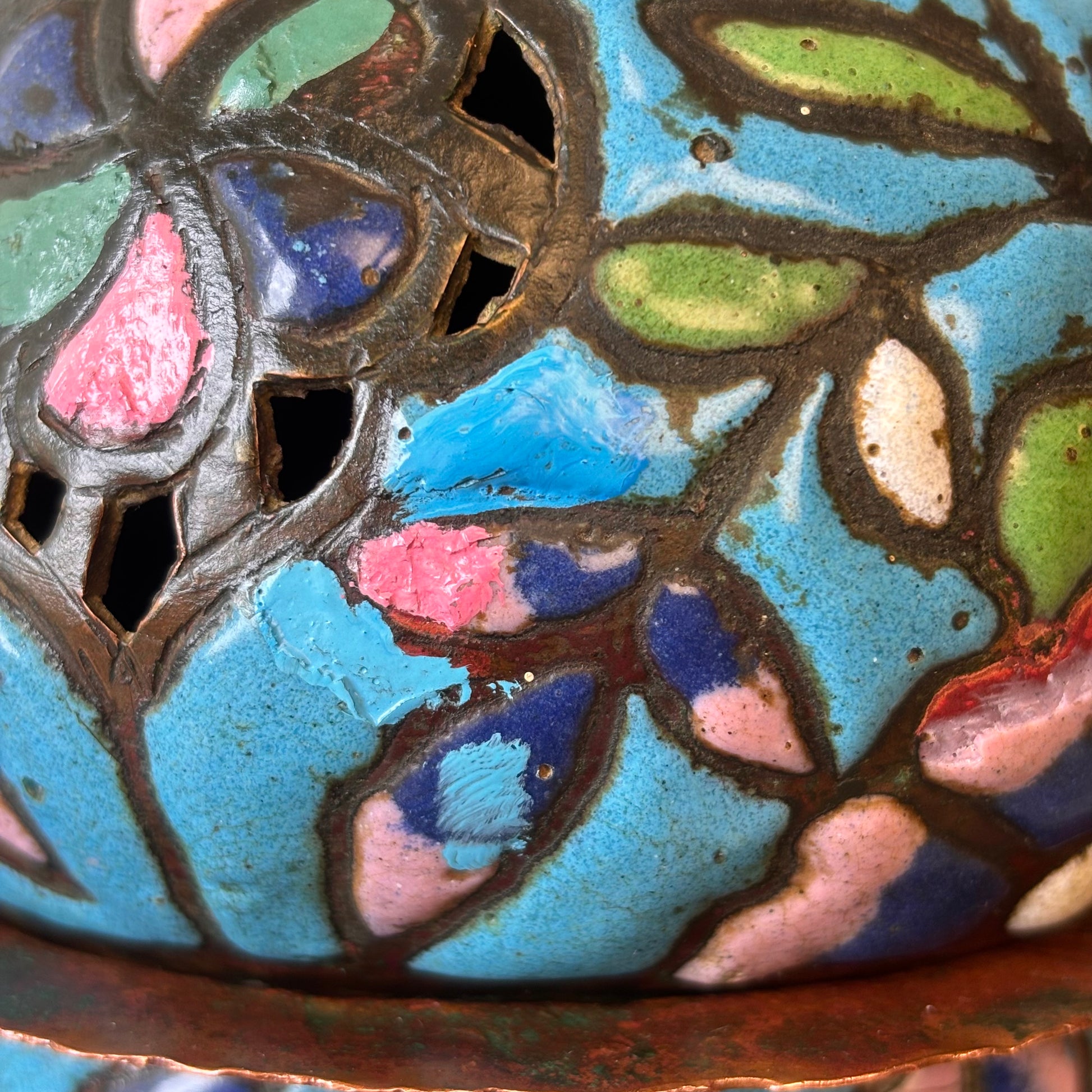 Antique Syrian Damascus Heena enamelled copper censer with pierced domed cover, crescent finial and tripod stand