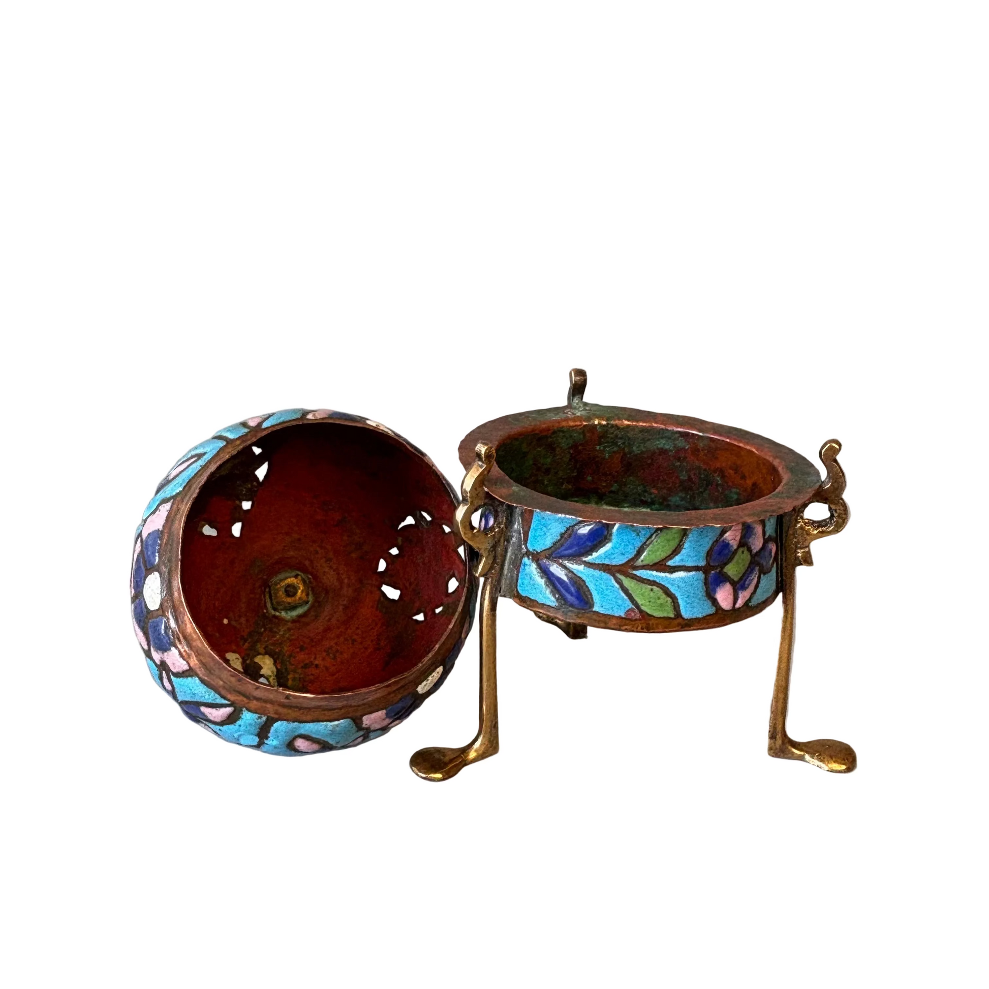 Antique Syrian Damascus Heena enamelled copper censer with pierced domed cover, crescent finial and tripod stand