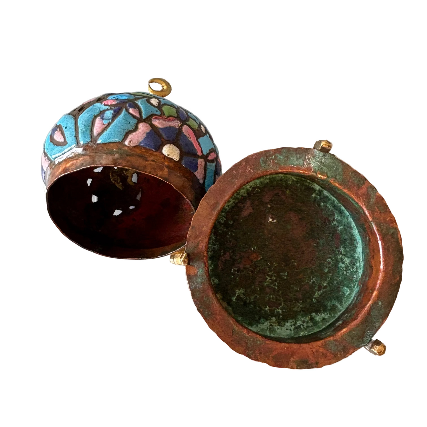Antique Syrian Damascus Heena enamelled copper censer with pierced domed cover, crescent finial and tripod stand
