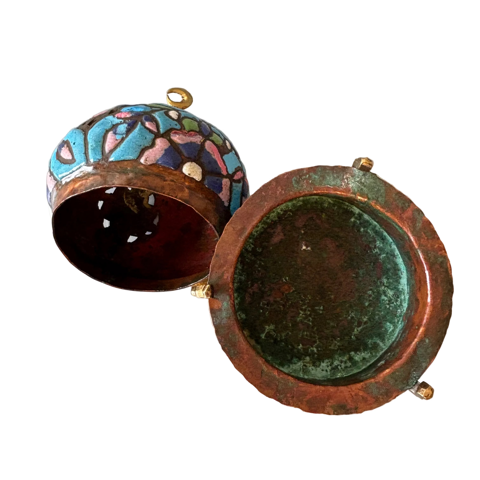 Antique Syrian Damascus Heena enamelled copper censer with pierced domed cover, crescent finial and tripod stand