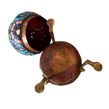 Antique Syrian Damascus Heena enamelled copper censer with pierced domed cover, crescent finial and tripod stand