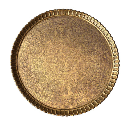Large Persian engraved brass tray with Qajar figural medallions, 58cm wall charger
