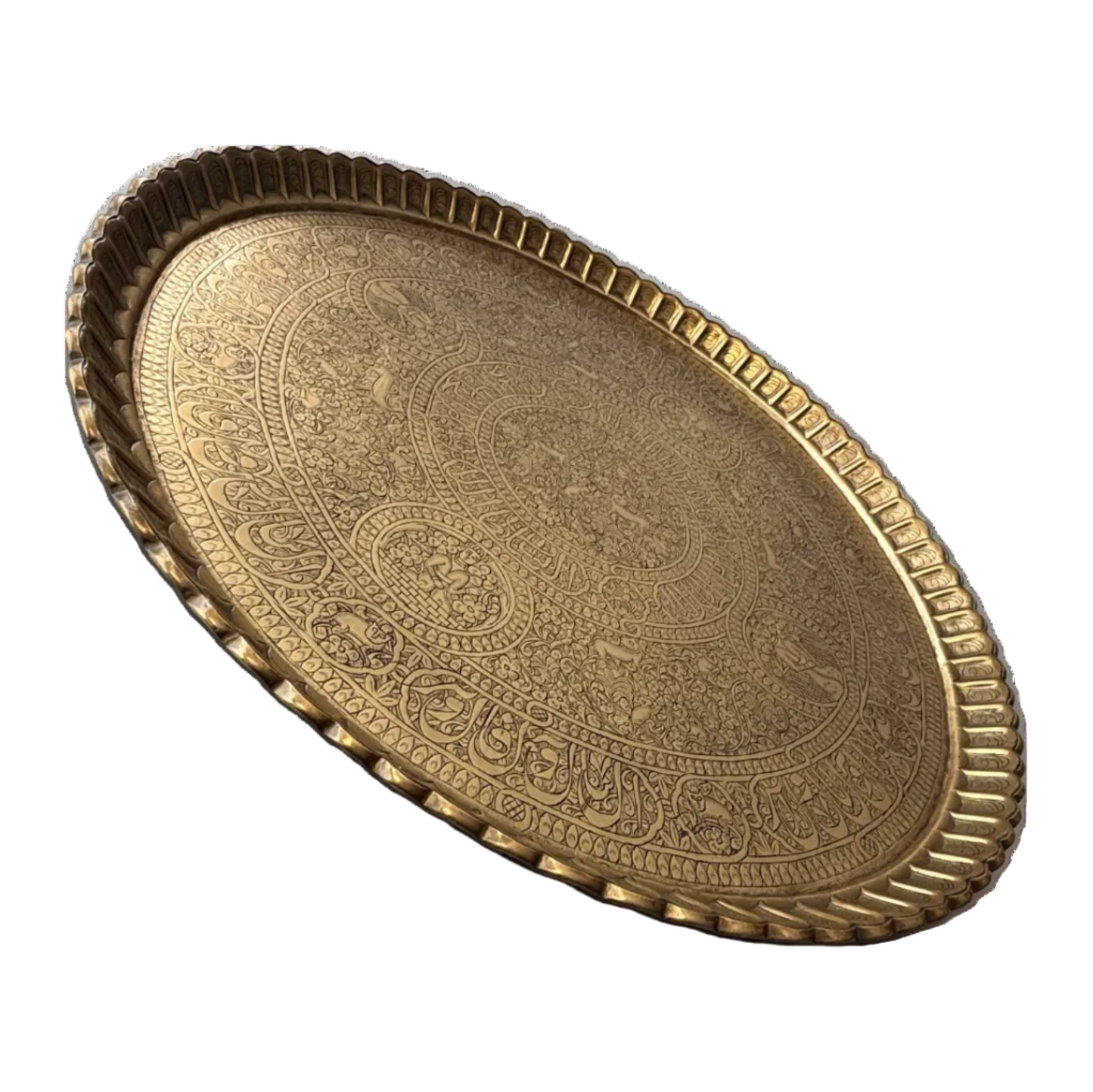 Large Persian Engraved Brass Tray Wall Charger 58cm Qajar Figural c.1900
