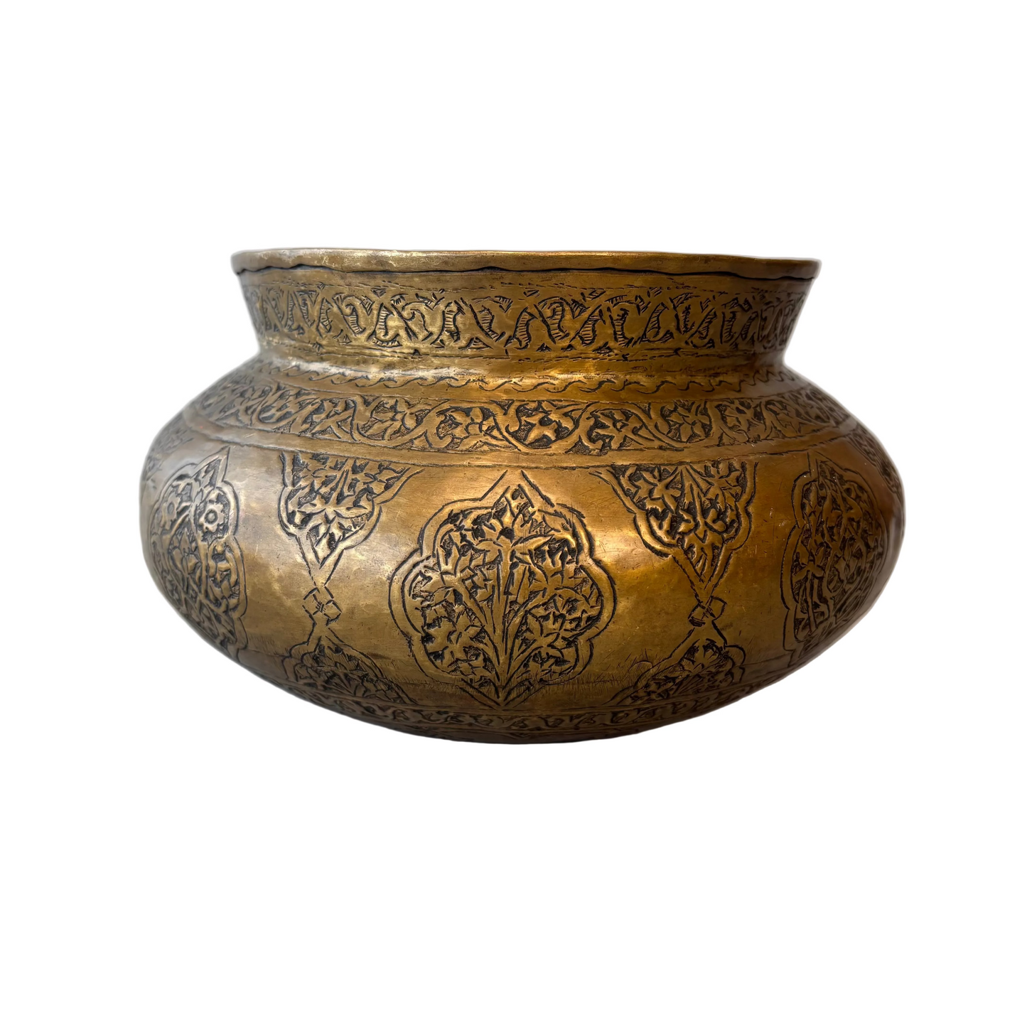Central Asian brass bowl exterior showing alternating floral cartouche engraving