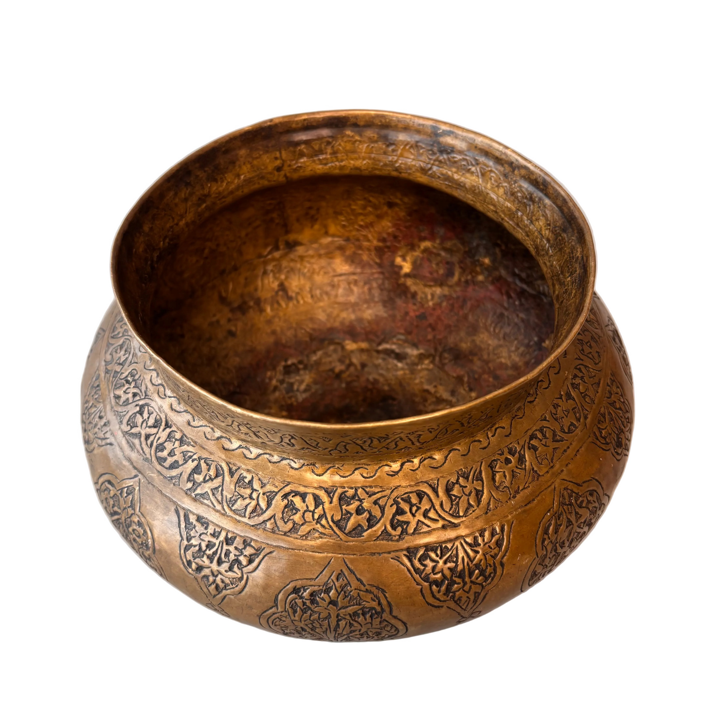 Central Asian brass bowl  showing alternating floral cartouche engraving