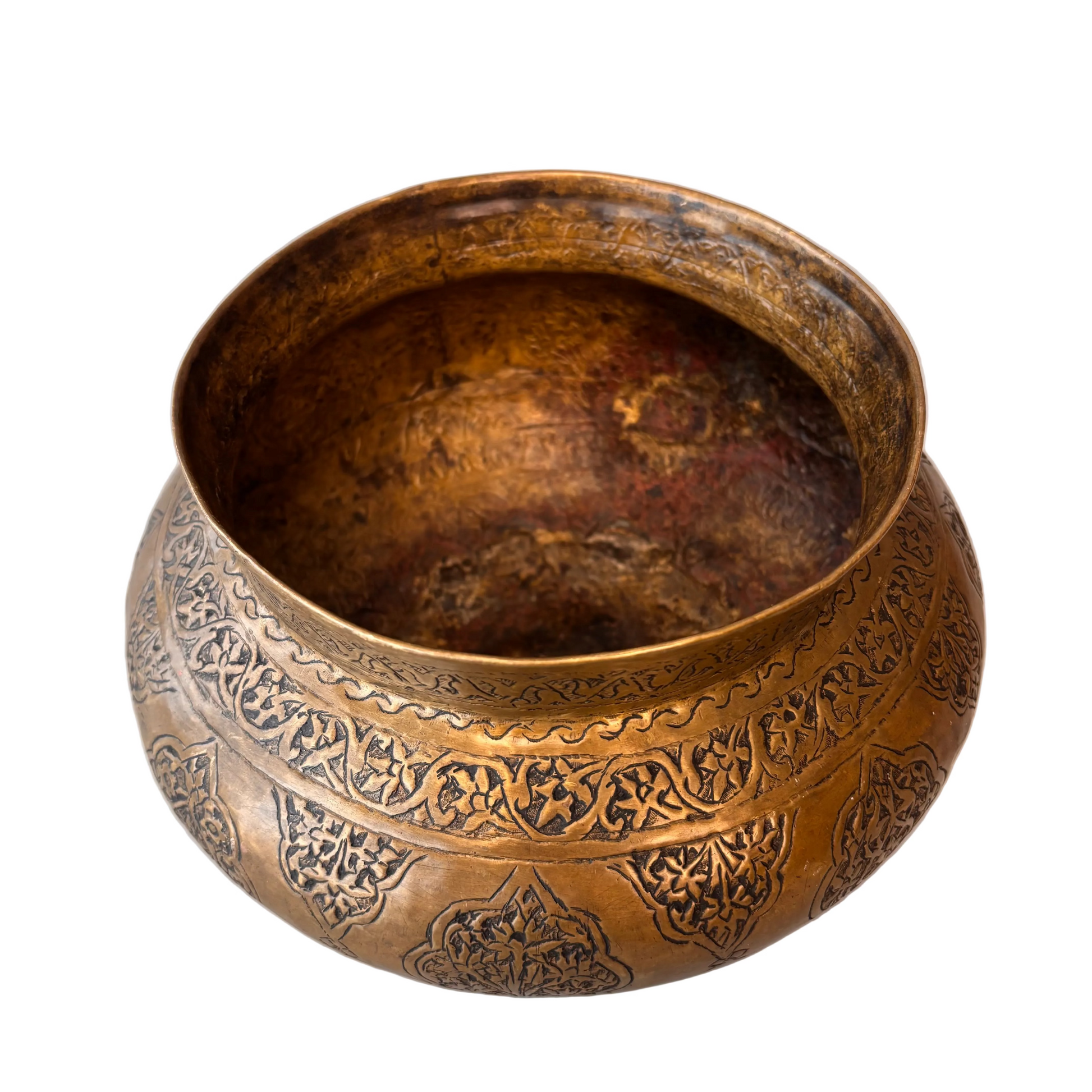 Central Asian brass bowl  showing alternating floral cartouche engraving