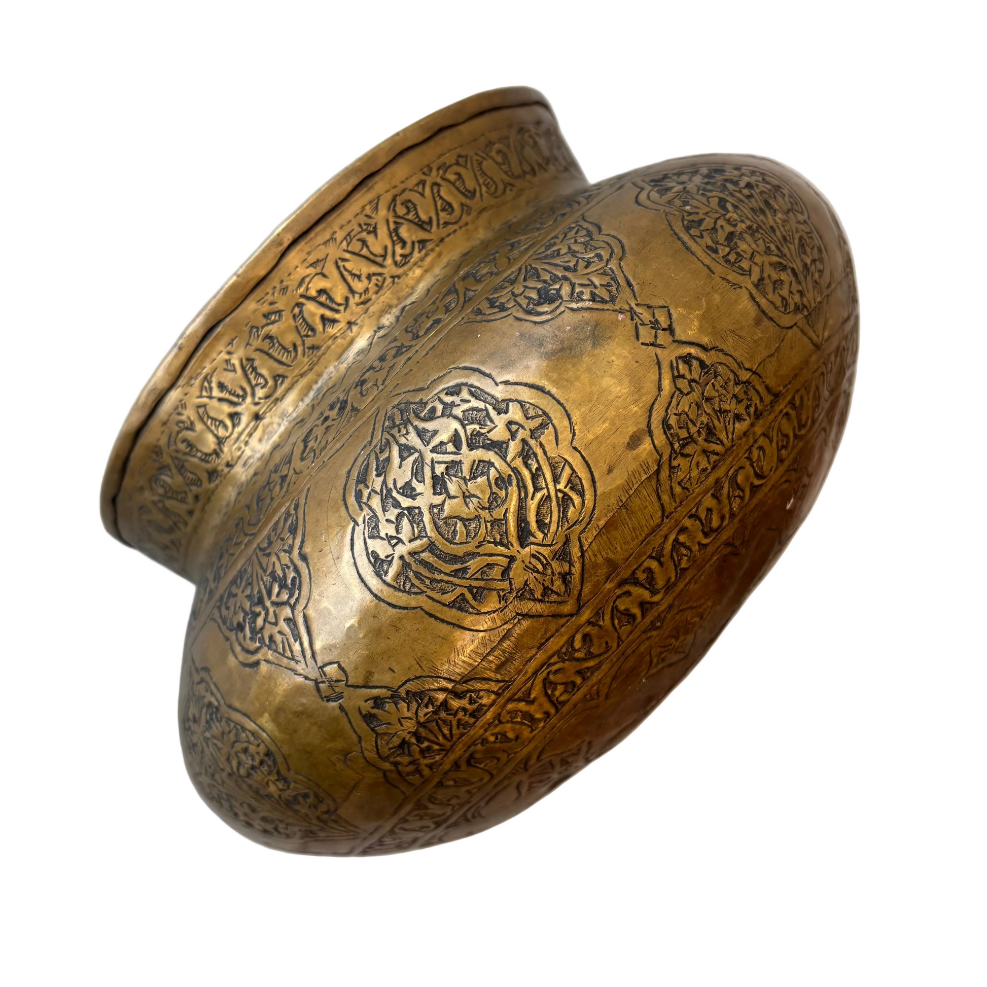 Central Asian brass bowl exterior showing alternating floral cartouche engraving