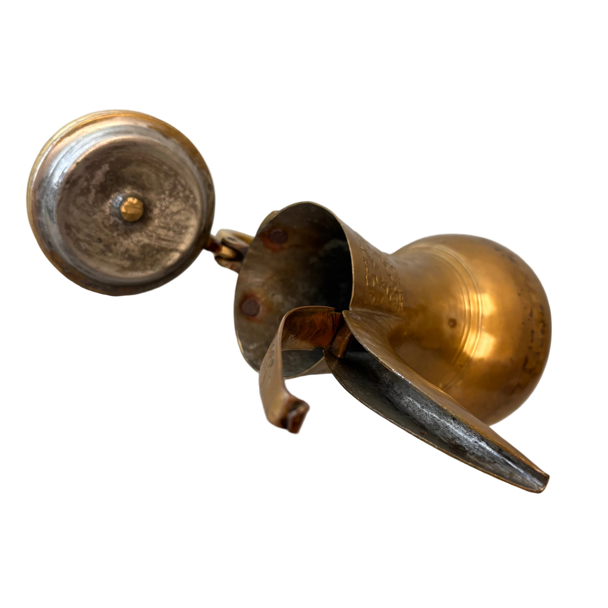 Interior and lid detail of early 20th century brass coffee pot