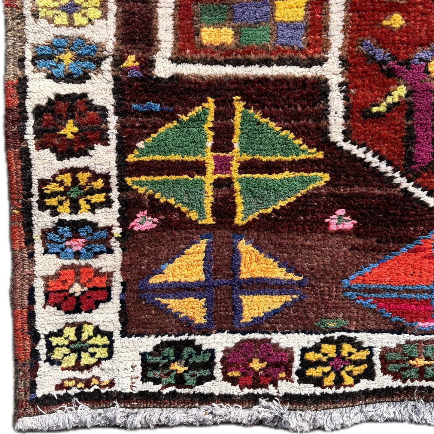 Vintage Kurdish Kazan Style Runner Rug – Hand Knotted Wool Geometric Carpet 372 x 94cm