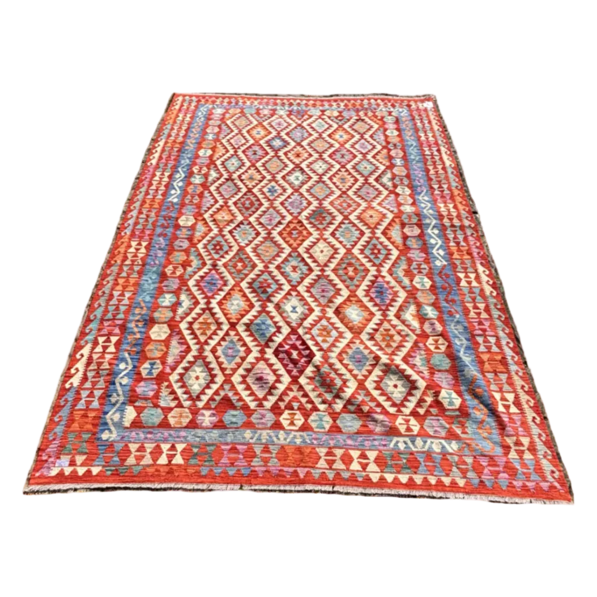 ull view Afghan vegetable dye kilim rug with red diamond lattice pattern