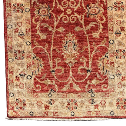 Close up of scrolling vine and palmette design on red ground