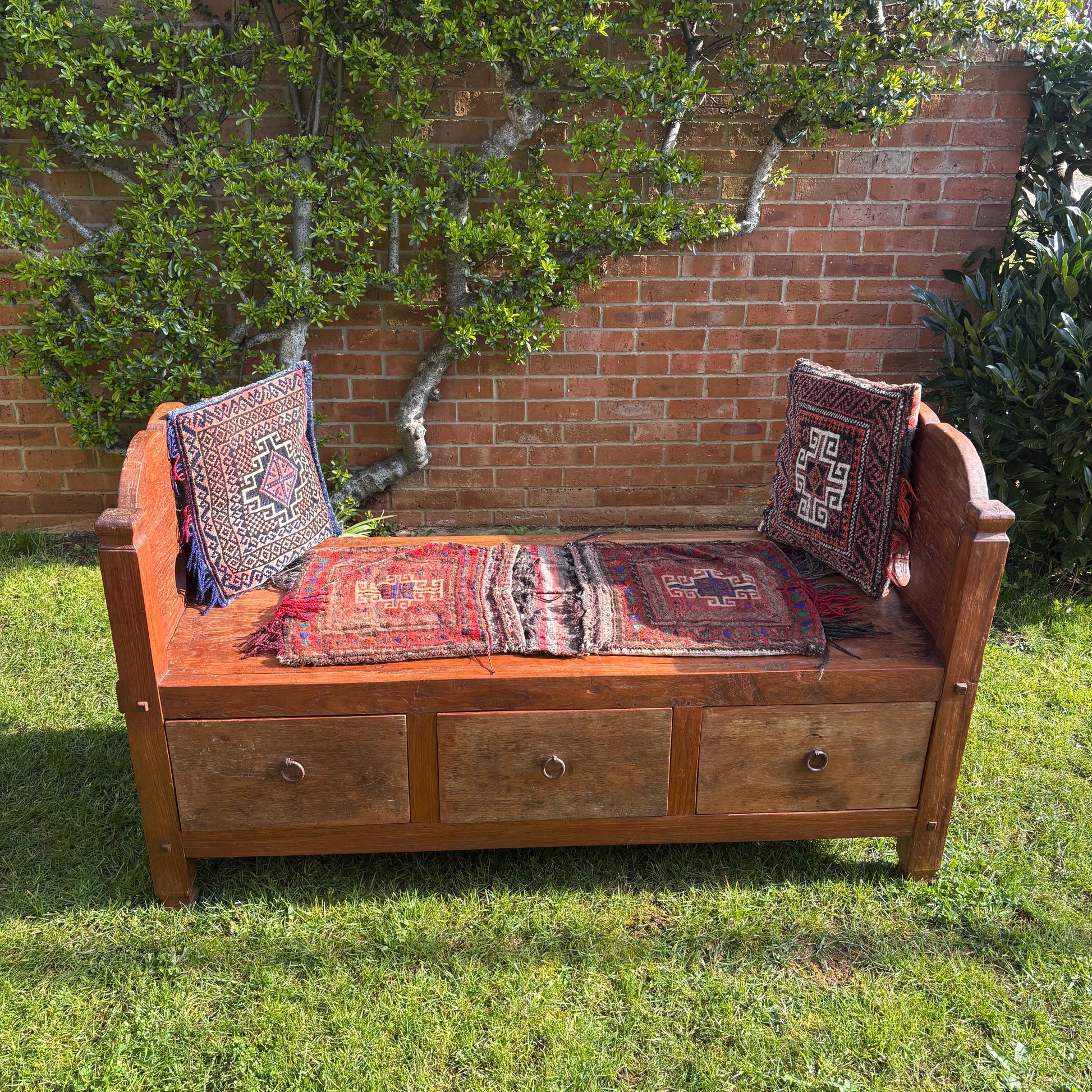 Colonial Indonesian teak storage bench with iron ring pulls
