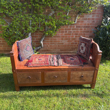 Colonial Indonesian teak storage bench with iron ring pulls