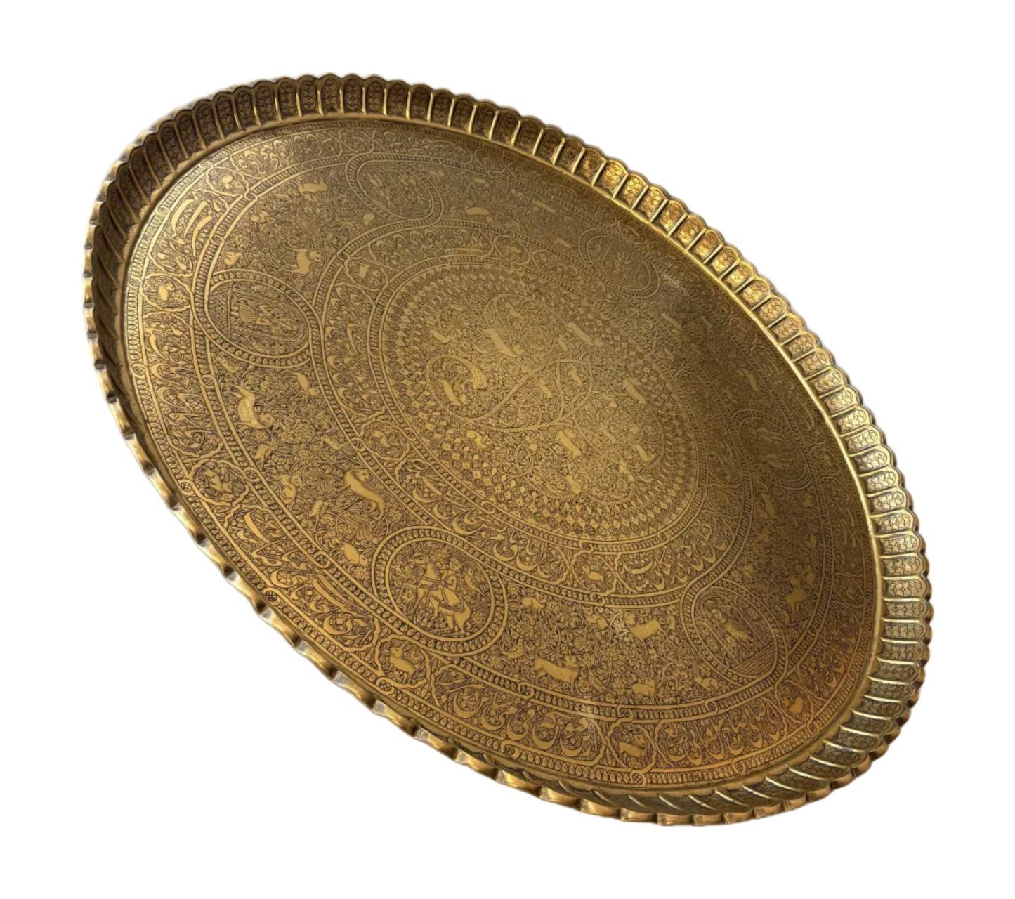 Persian engraved tray showing animals and floral decoration