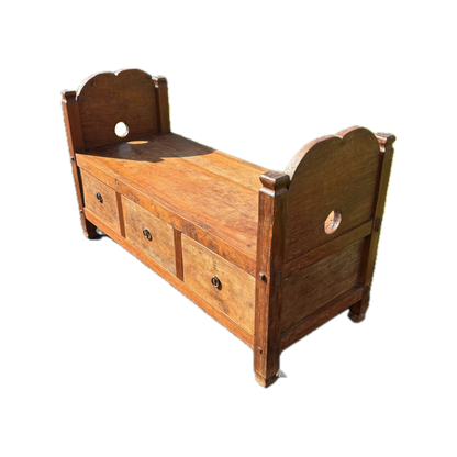 Colonial Indonesian teak storage bench with iron ring pulls