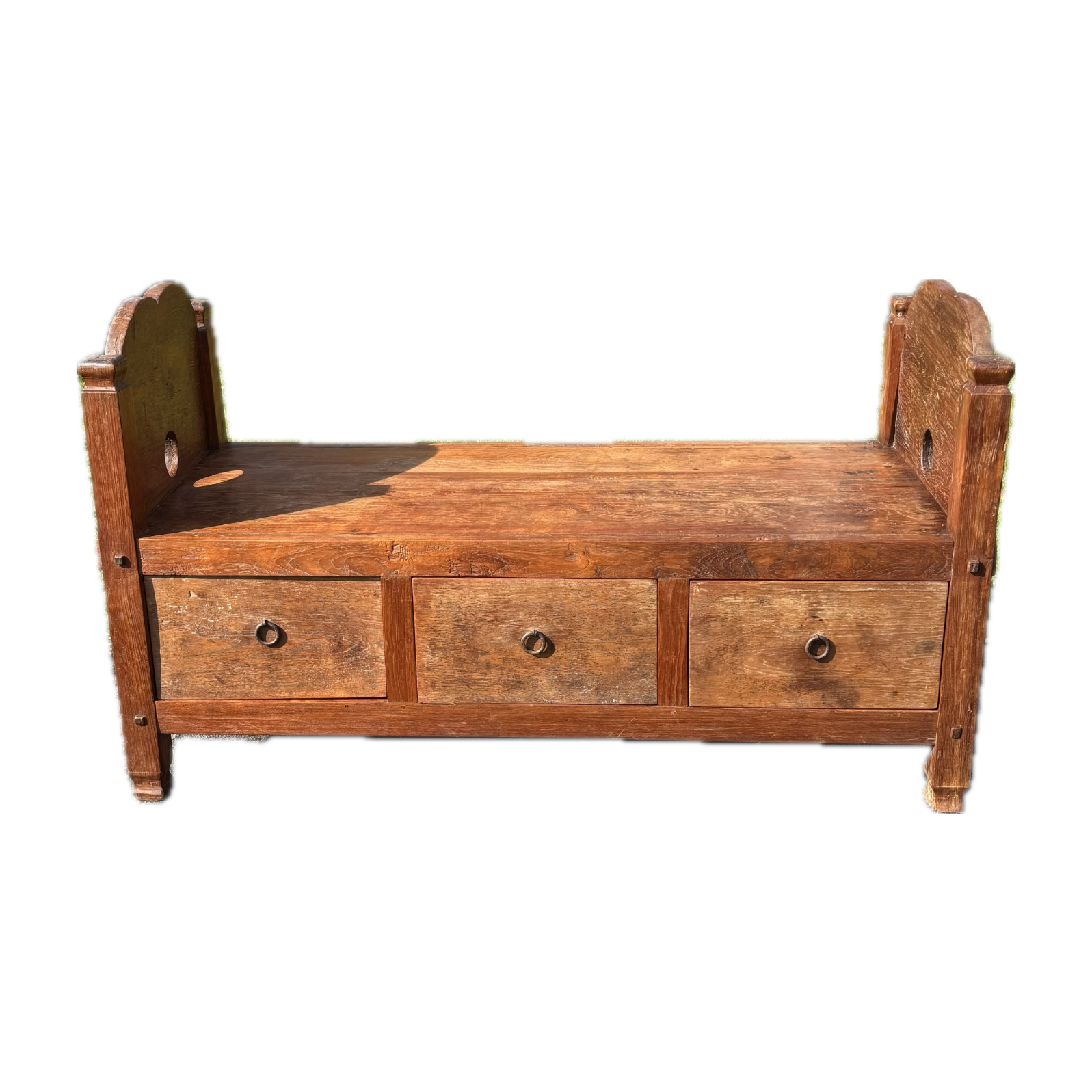 Antique Javanese teak daybed bench with drawers front view