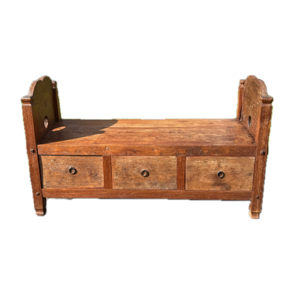 Antique Javanese teak daybed bench with drawers front view