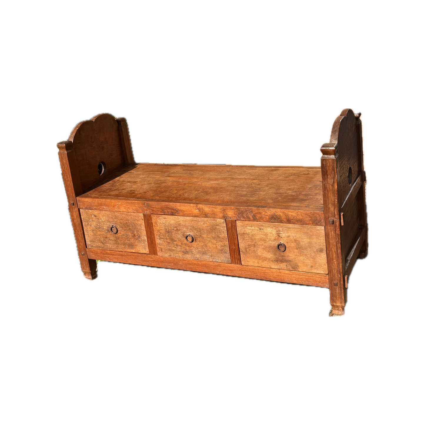 Colonial Indonesian teak storage bench with iron ring pulls