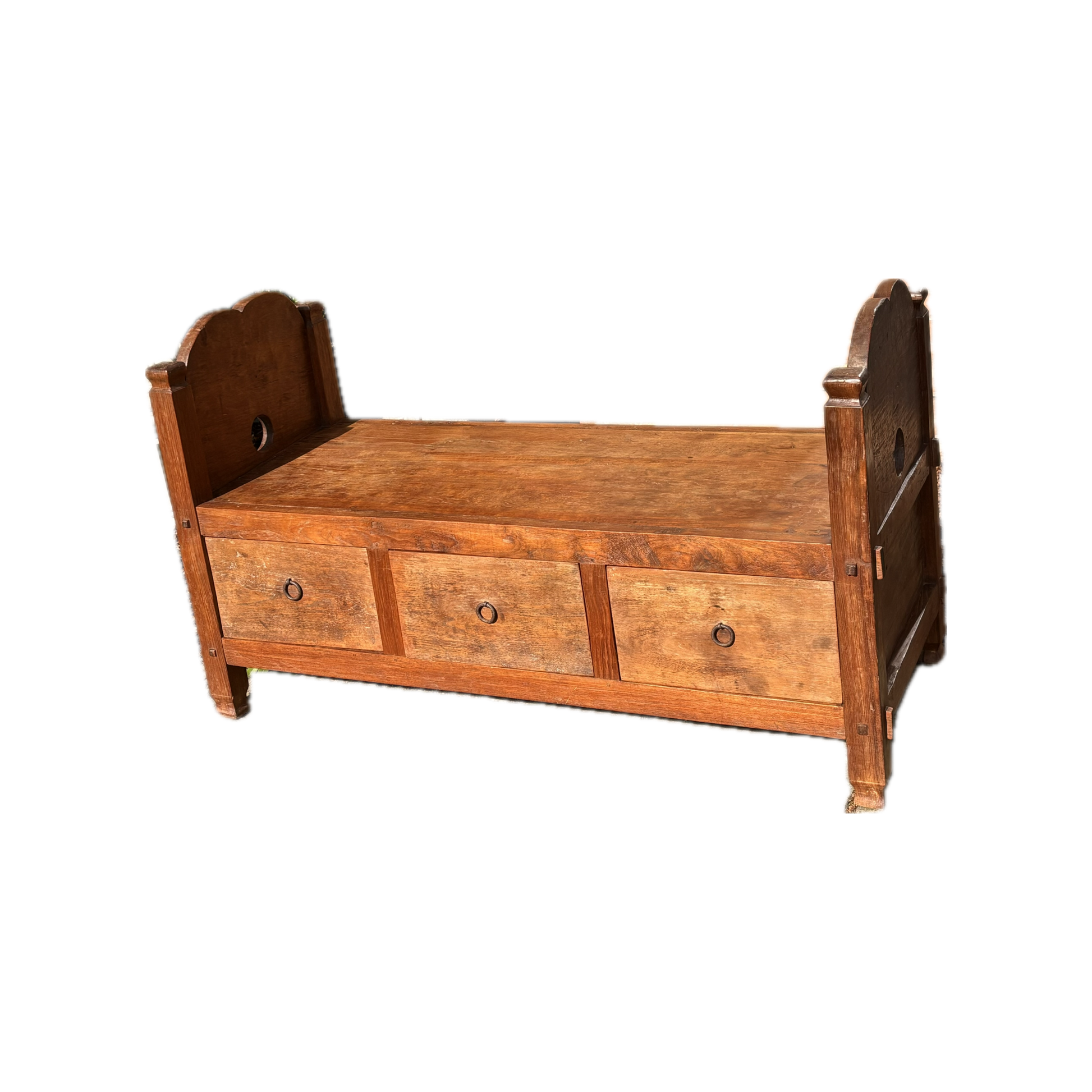 Colonial Indonesian teak storage bench with iron ring pulls