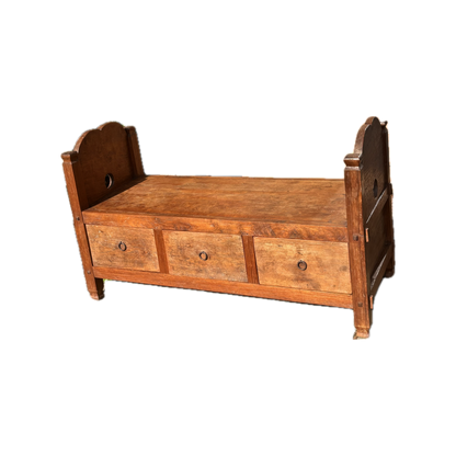 Colonial Indonesian teak storage bench with iron ring pulls