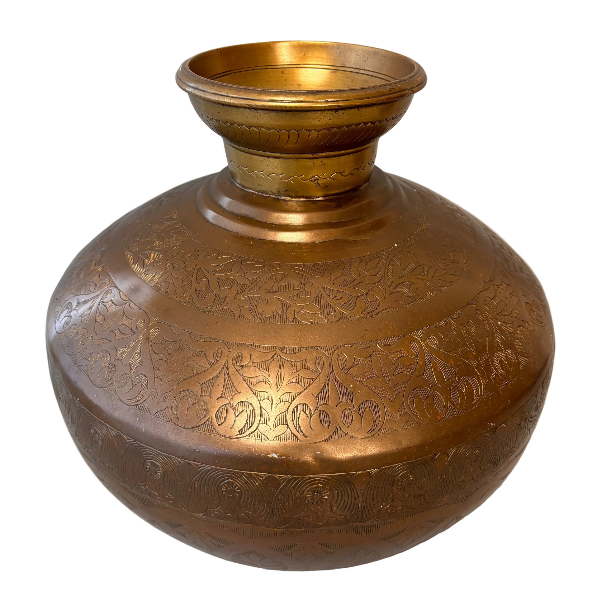 Large Indian brass water pot front view showing engraved panels