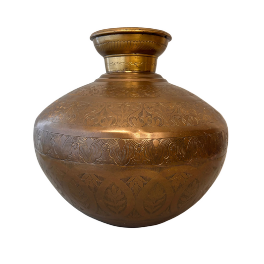 Side profile of antique Gagri vessel with foliate engraving detail