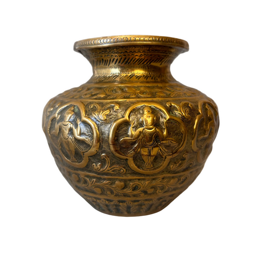 Indian brass vessel front view showing repoussé deity panels