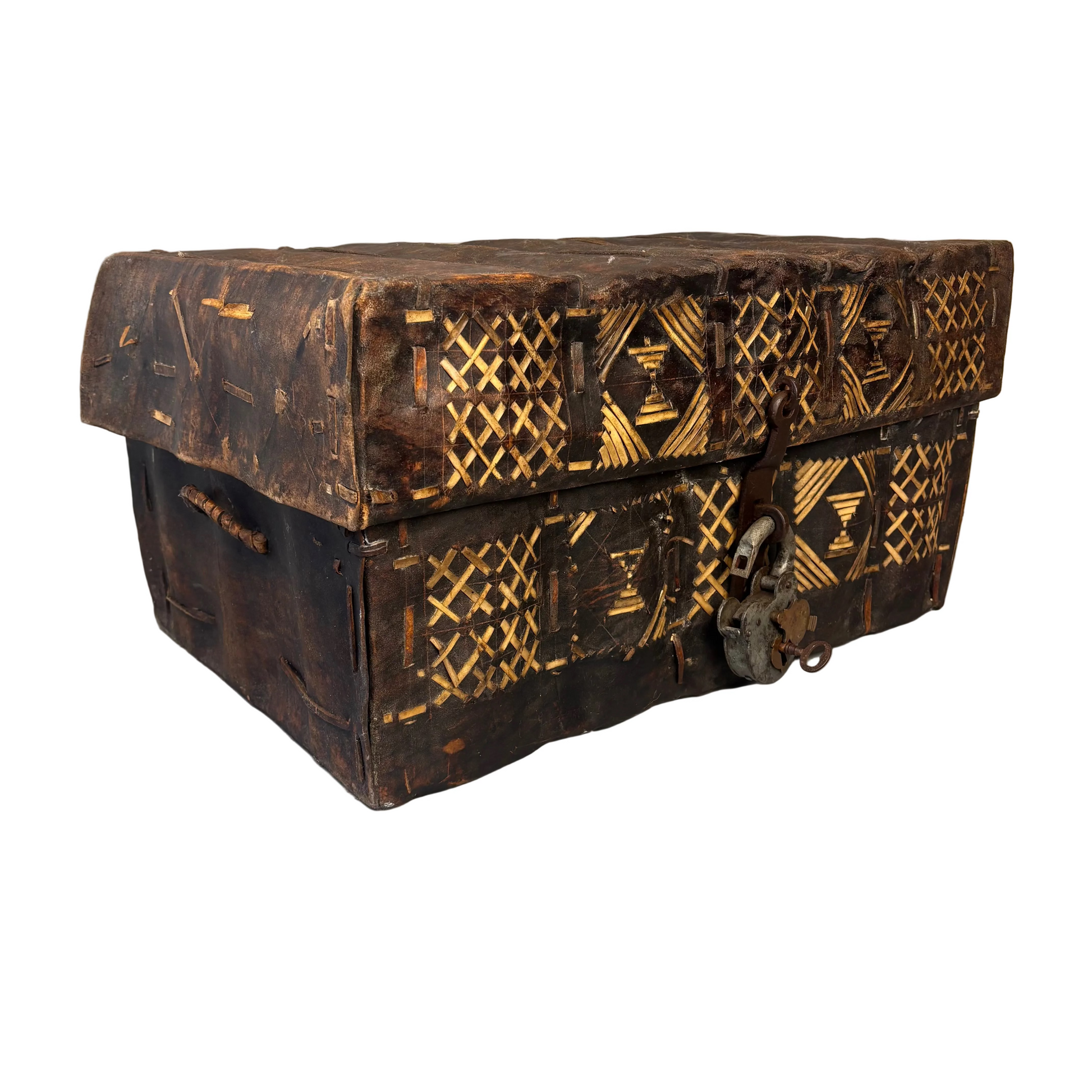 Side detail of rawhide petaca chest with wrapped leather handle