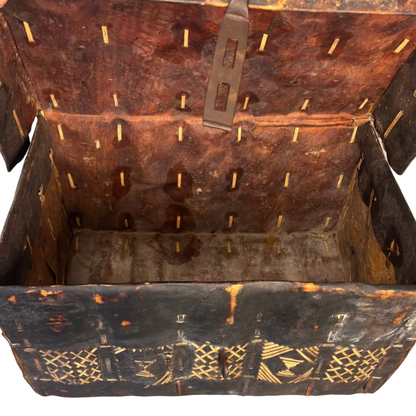 Inside view of South American rawhide petaca chest